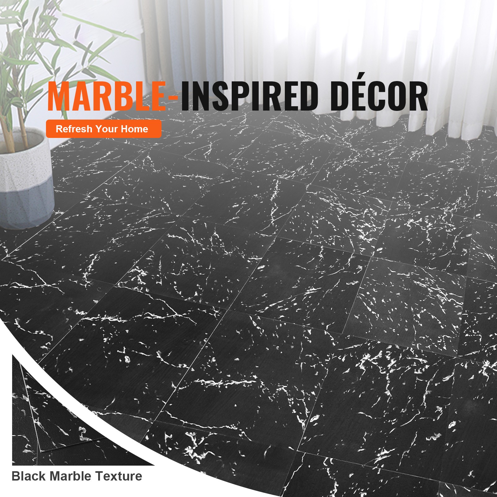 VEVOR 12” x 12” Self Adhesive Vinyl Floor Tiles 50 PCS 1.5mm Thick Black Marble