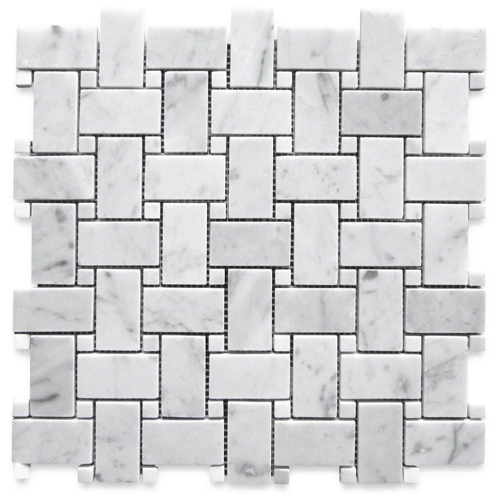 C650XH Carrara Venato Marble Basketweave Mosaic Tile White Dots Honed 1×2