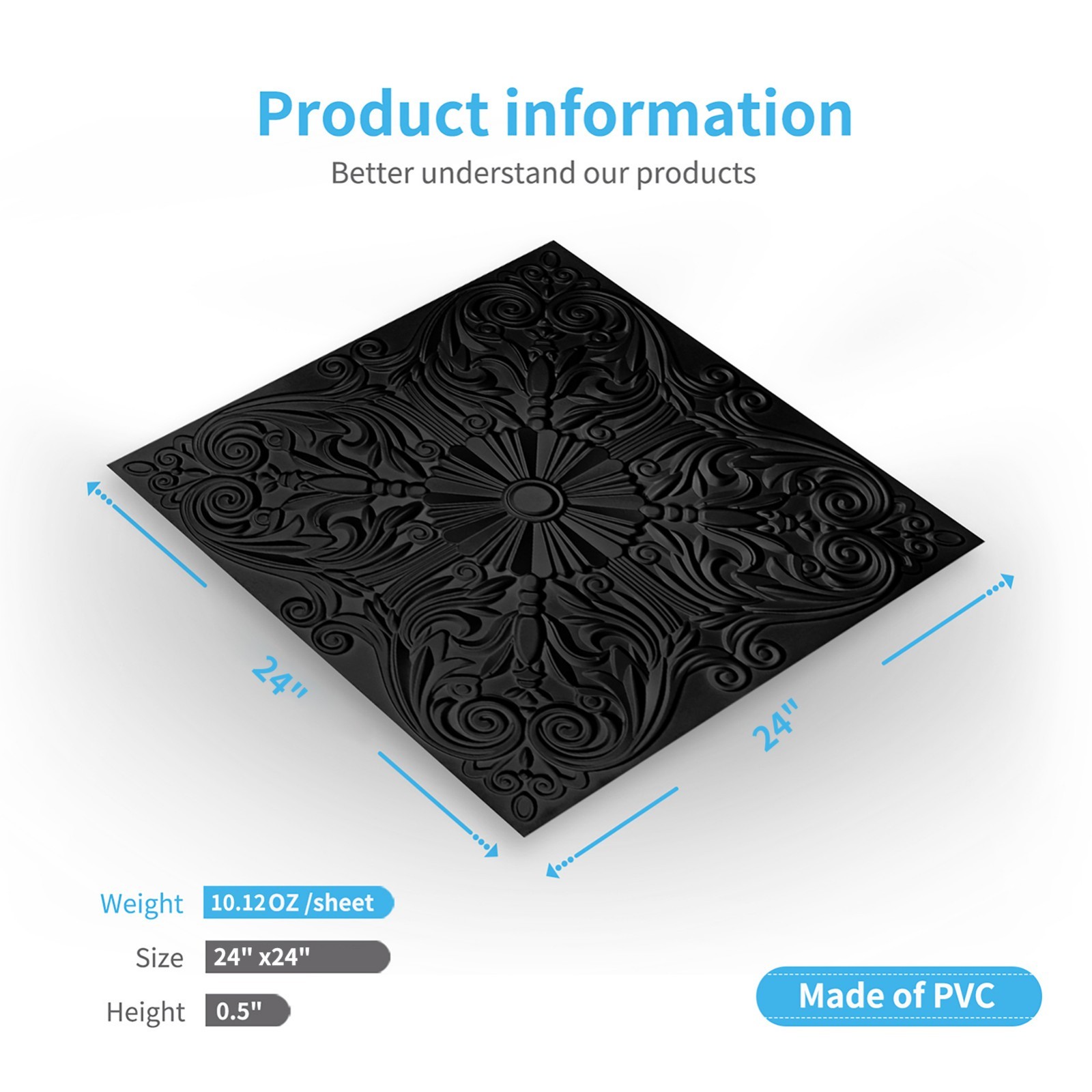 12 Pcs Ceiling Tile 2×2 Glue up, Lay in Ceiling Tile 24×24 Spanish Floral in Bla