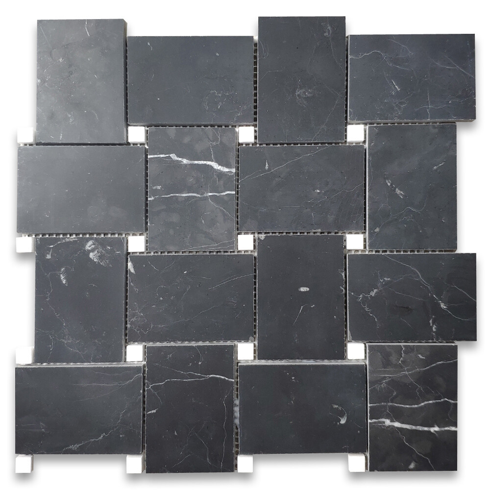 N665XH Nero Marquina Black Marble Basketweave Mosaic Tile White Dots Honed