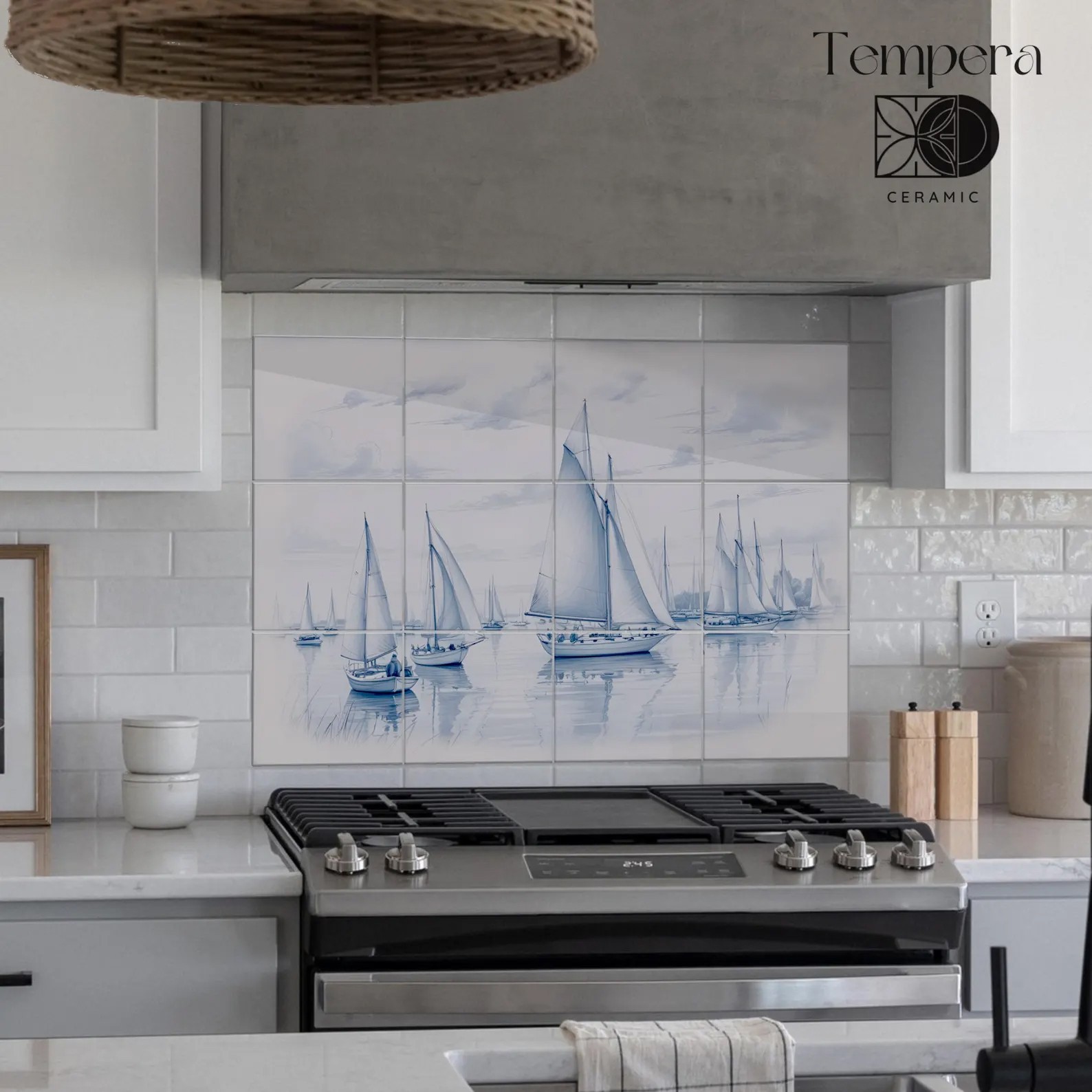 Sailboats scene tiles in delft style, nautical shower or kitchen back tiles