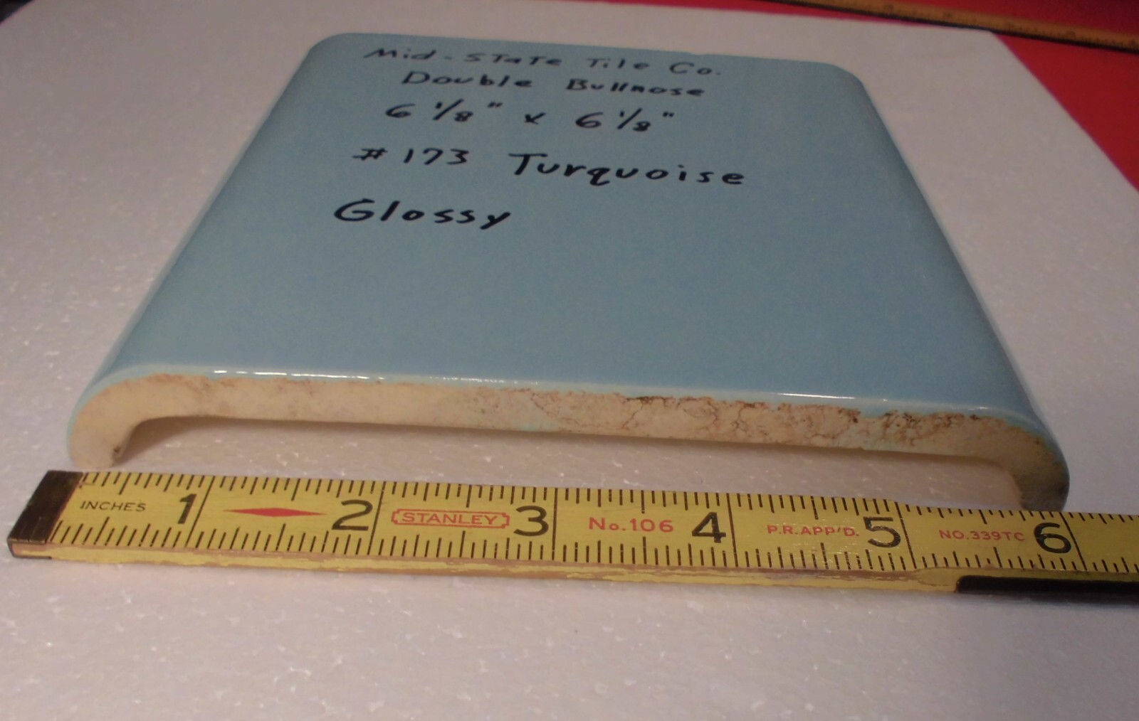 1 pc. Turquoise 6″ x 6″ Double Radius Bullnose Glossy Ceramic Tile: made 1950’s