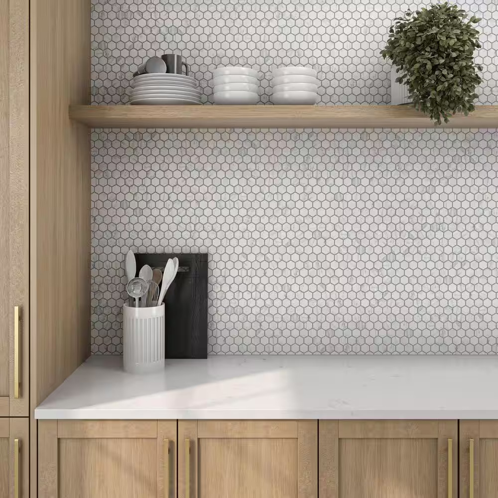 Carrara 10 In. X 12 In. X 6.35 Mm Ceramic Hexagon Mosaic Floor and Wall Tile (0.
