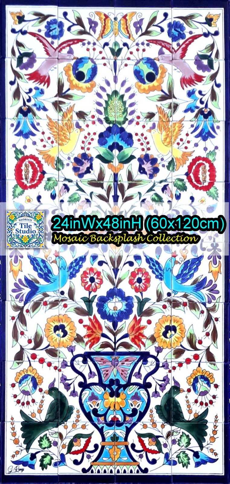 24inx48in Floral Garden Design Mosaic Backsplash, Ceramic Tiles Wall Mural