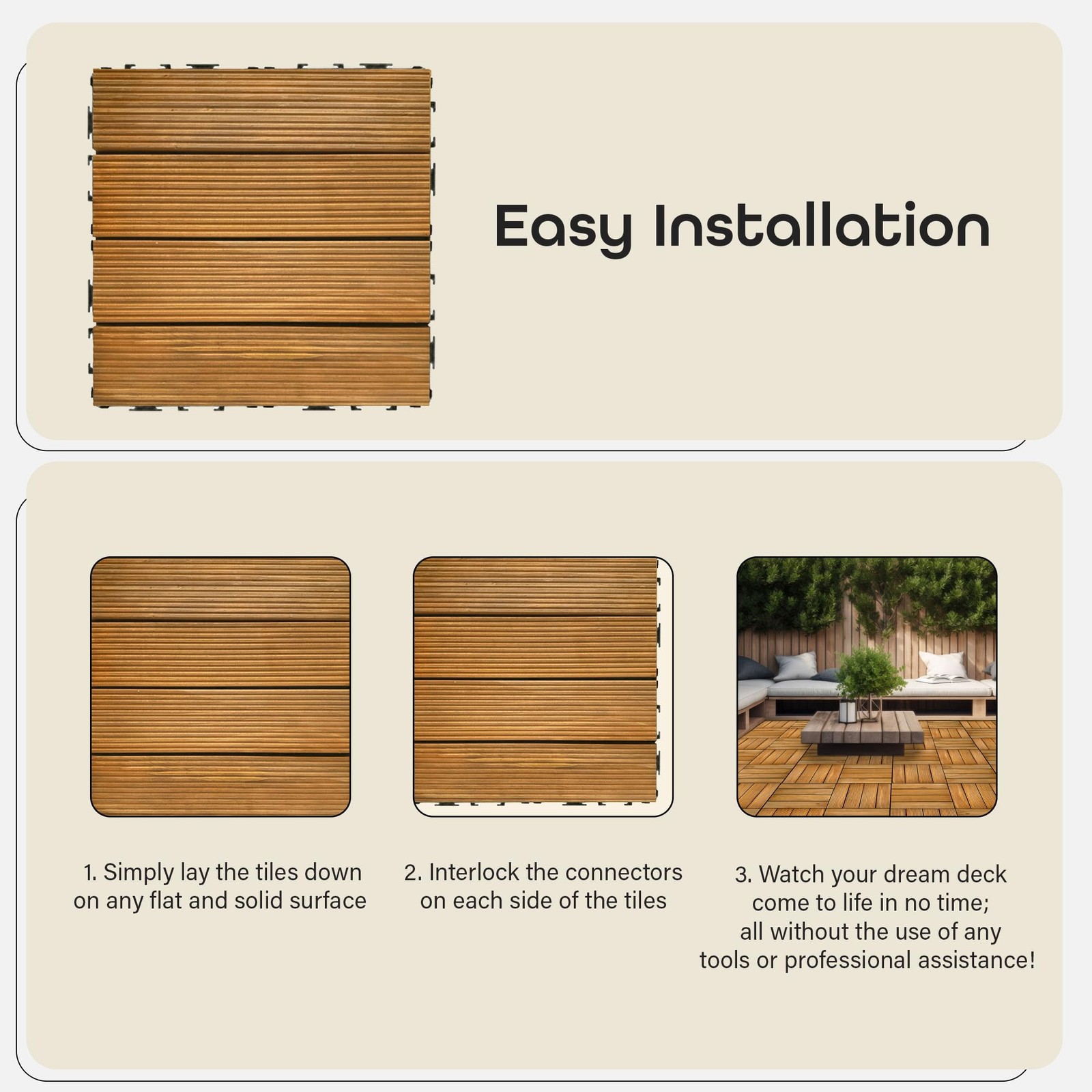 OutdoorZ Interlocking 12-Inch Deck Tiles, 27 Tiles – 12″ x 12″, Plank Honey O…