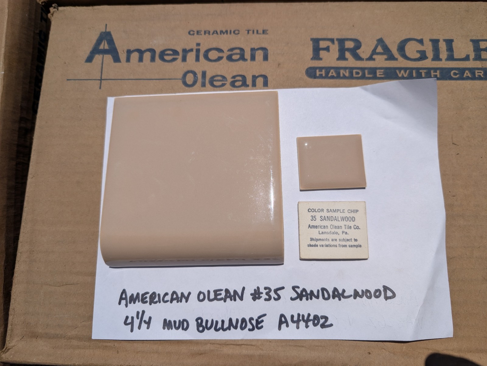 2 pcs American Olean Bullnose Mud Cap A4402 4-1/4″ Sandalwood #35 Glossy NEW USA