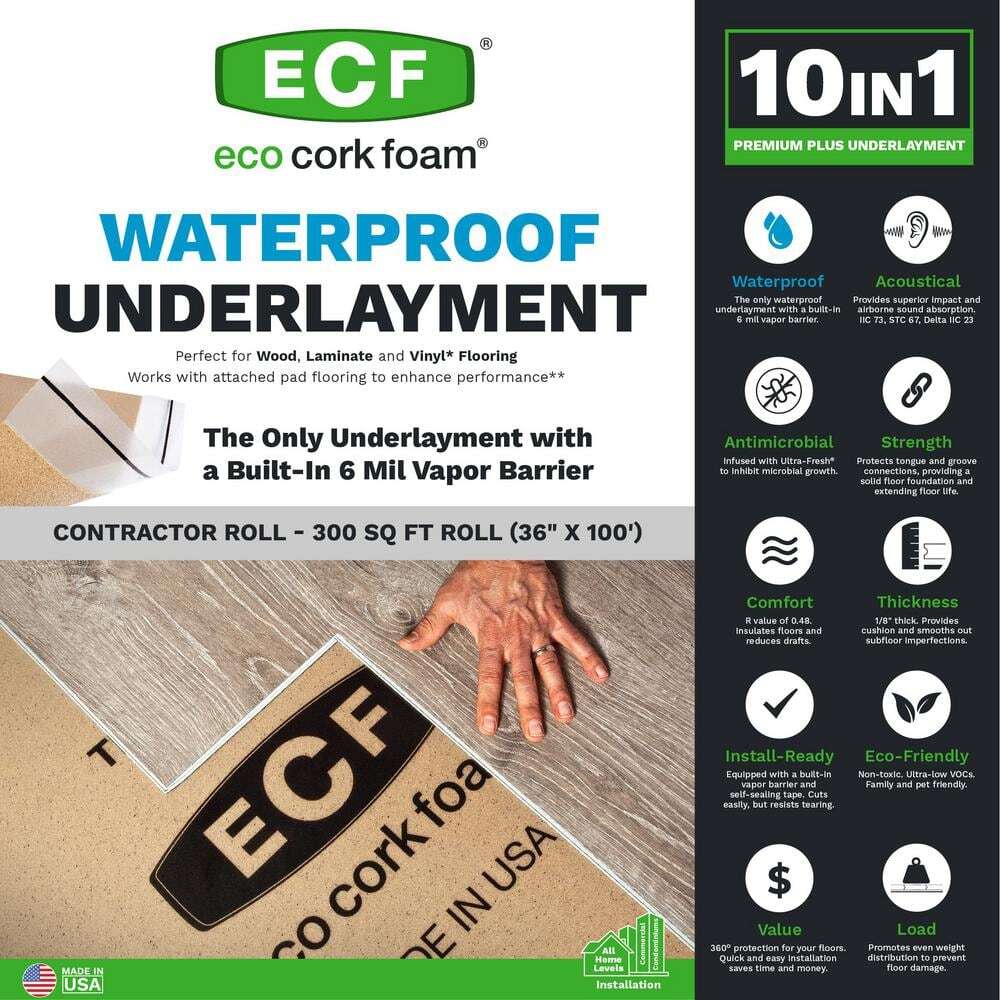 Underlayment-Vinyl Plank Waterproof Mold/Mildew Resistant 300 SqFt Eco Cork Foam
