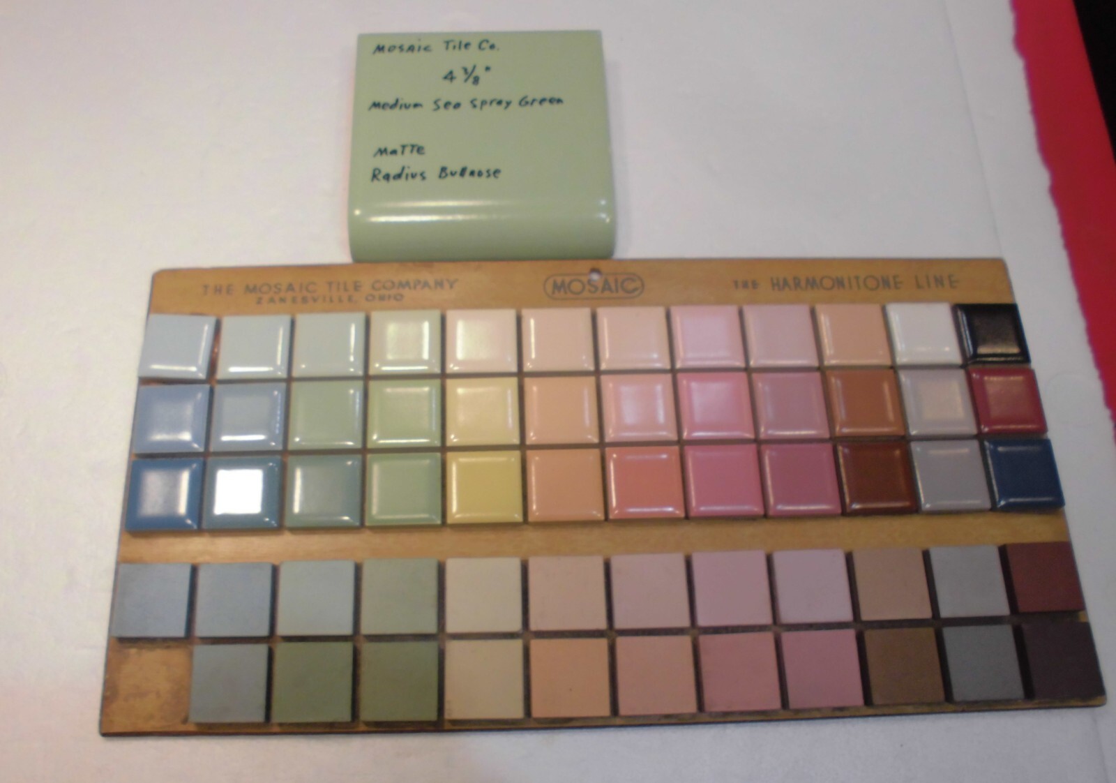 1 pc. Medium Sea Spray Green: Matte Radius Bullnose Ceramic Tile 4-3/8″ NOS