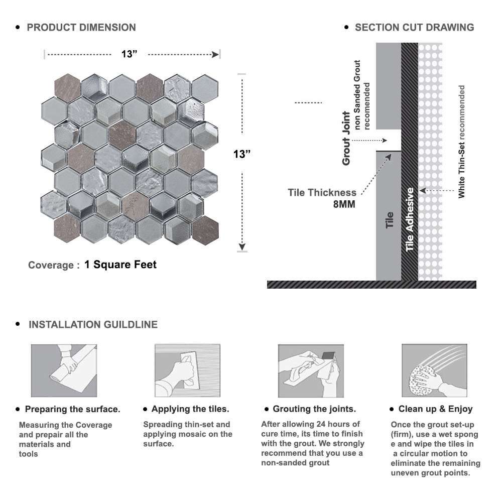 Hexagon Gray Metallic 3D Glass Marble Stone Mosaic Tile Kitchen Bath Backsplash