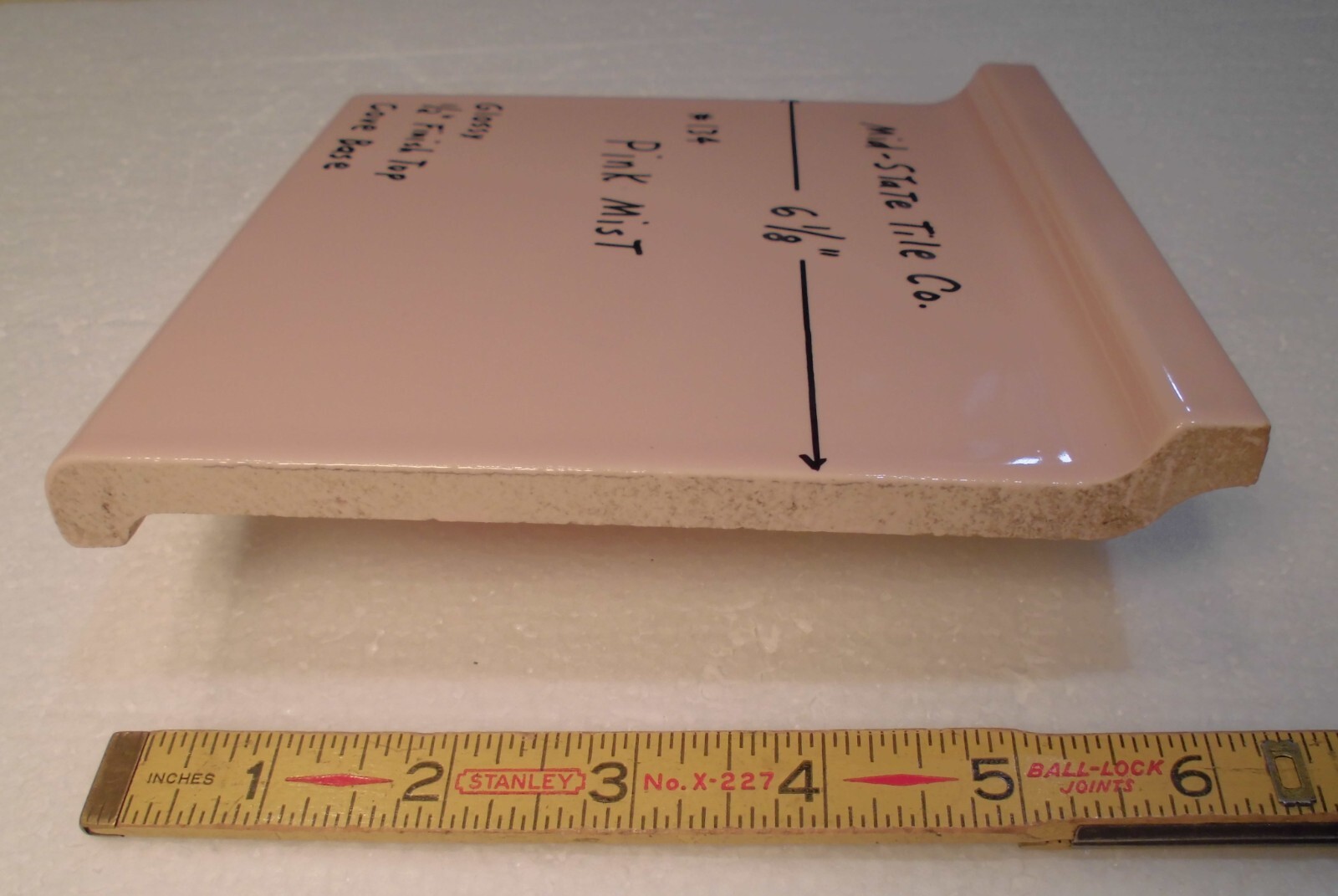 1 pc. Vintage Glossy *Pink Mist* 6” X 6” Ceramic Cove Base Tile by MID-STATE
