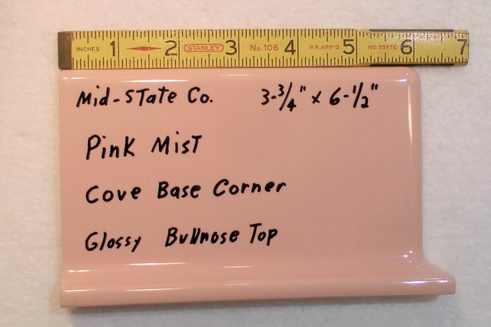 1 pc. *Pink Mist* Finish Corner Bullnose Top cove/base Ceramic Tile 3.75″ X 6.5″