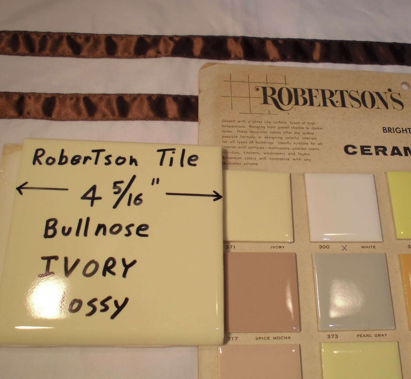 1 pc. Ivory- Light Yellow: 4-3/8″ Glossy Ceramic Bullnose by Robertson Tile Co.