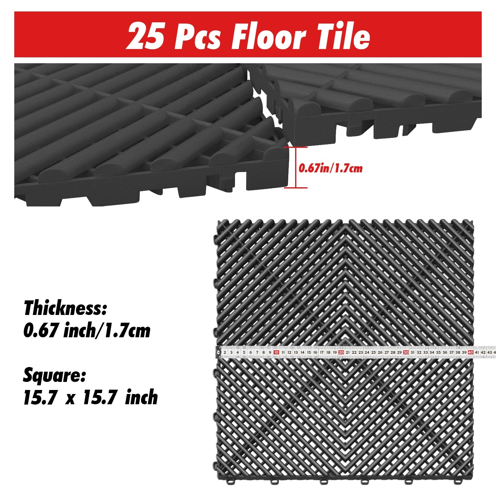 Interlocking Garage Floor Tiles 15.7” x 15.7” Deck Snow Water Drainage Black