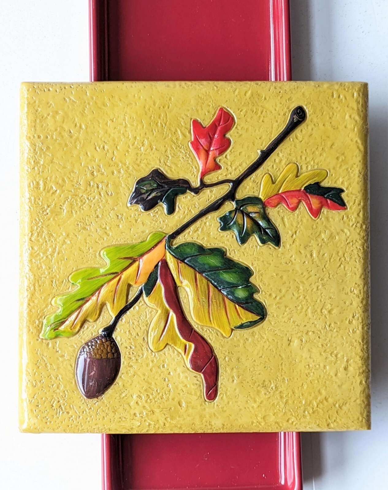 6 ½” Yellow 3D Colorful Fall LEAVES Branch Acorn Art Resin Accent TILE Trivet