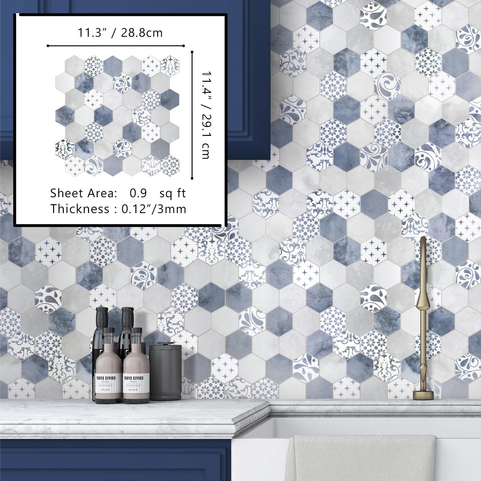 10-Sheet Peel and Stick Backsplash, Blue Cement Hexagon Stone Composite Marbl…