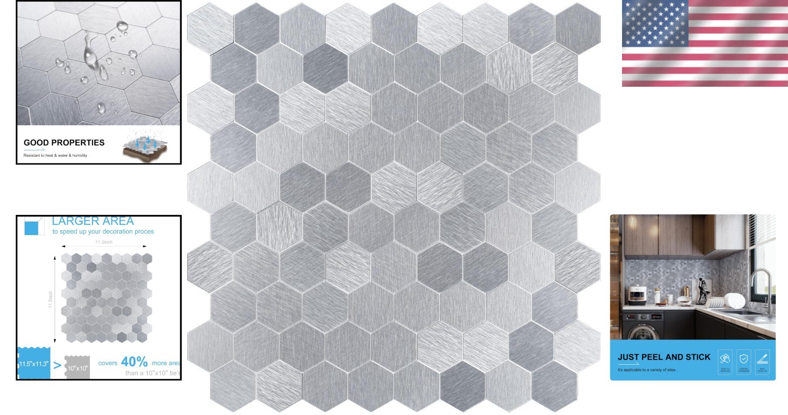 Hexagon Peel and Stick Metal Backsplash, 10-Sheet Peel and Stick Tiles Hexagon M