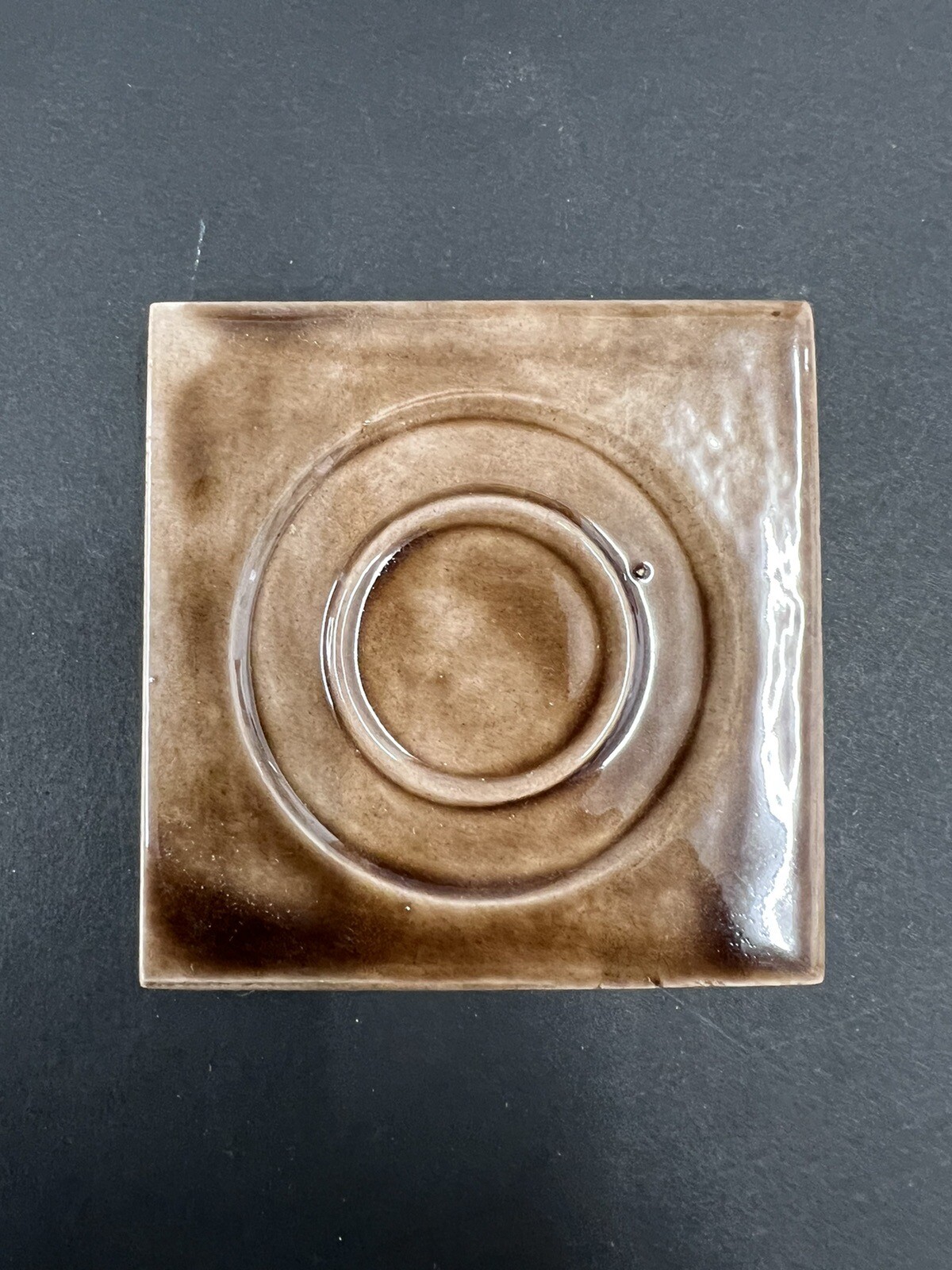 4 – Vintage Brown Ceramic Tile 2 7/8” Square 3/8” Thick Recessed Circles