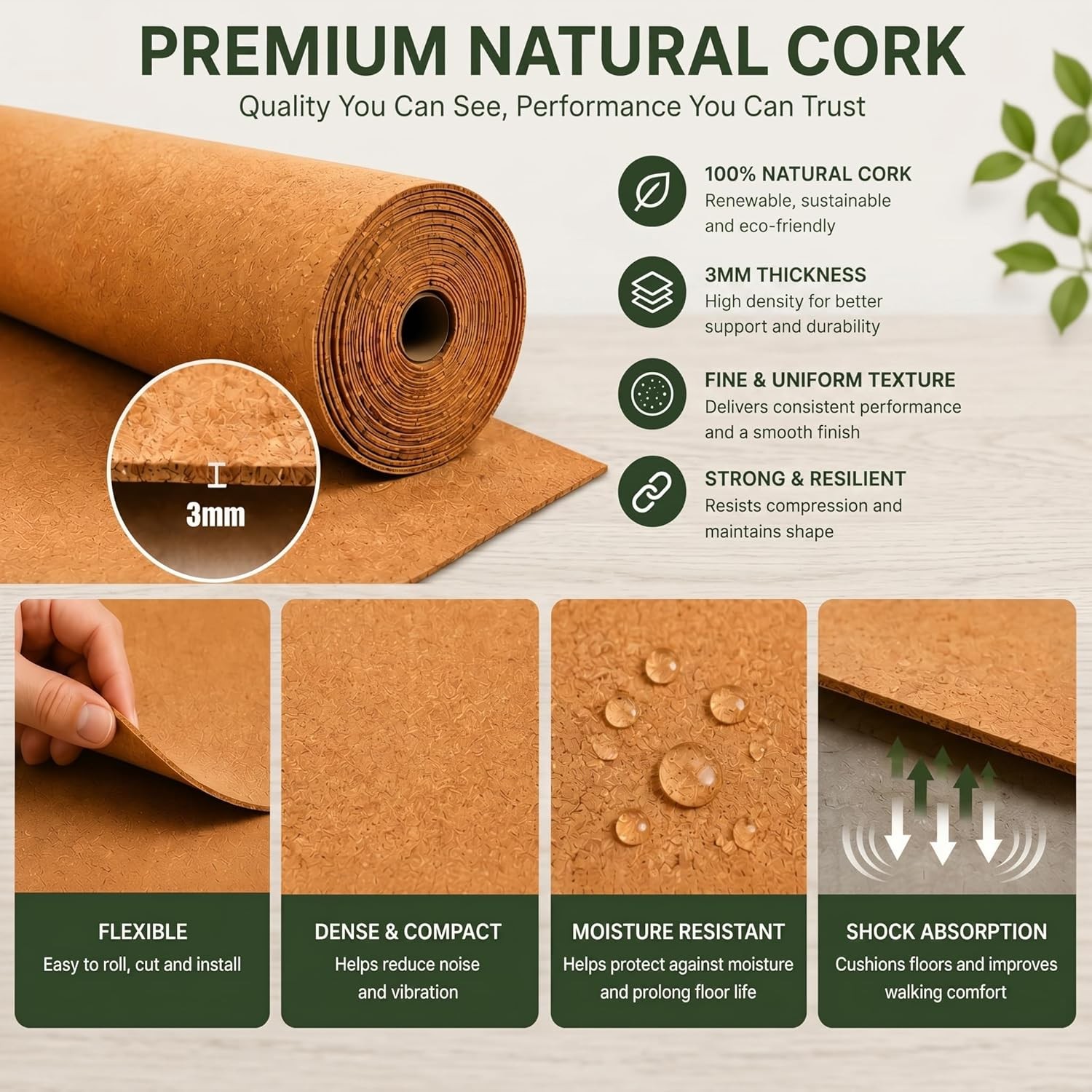 200 Sq. Ft. Cork Roll Cork Mat Roll 48 X 600 Inch Cork Underlayment Roll 1/8 Thi
