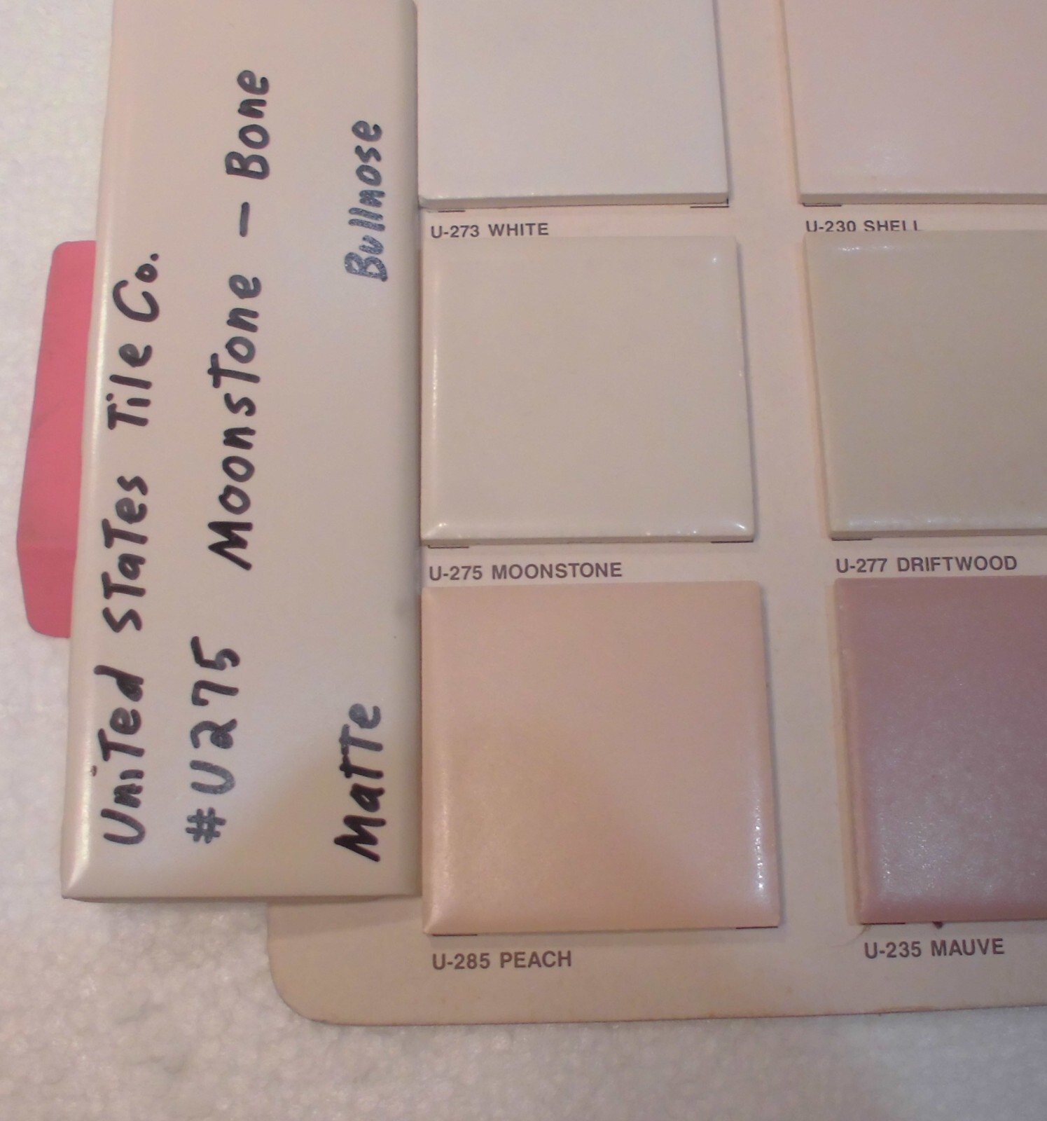 1 pc. Matte Bone: Bullnose Surface Flat Ceramic Tile #U-275 Moonstone, Made USA
