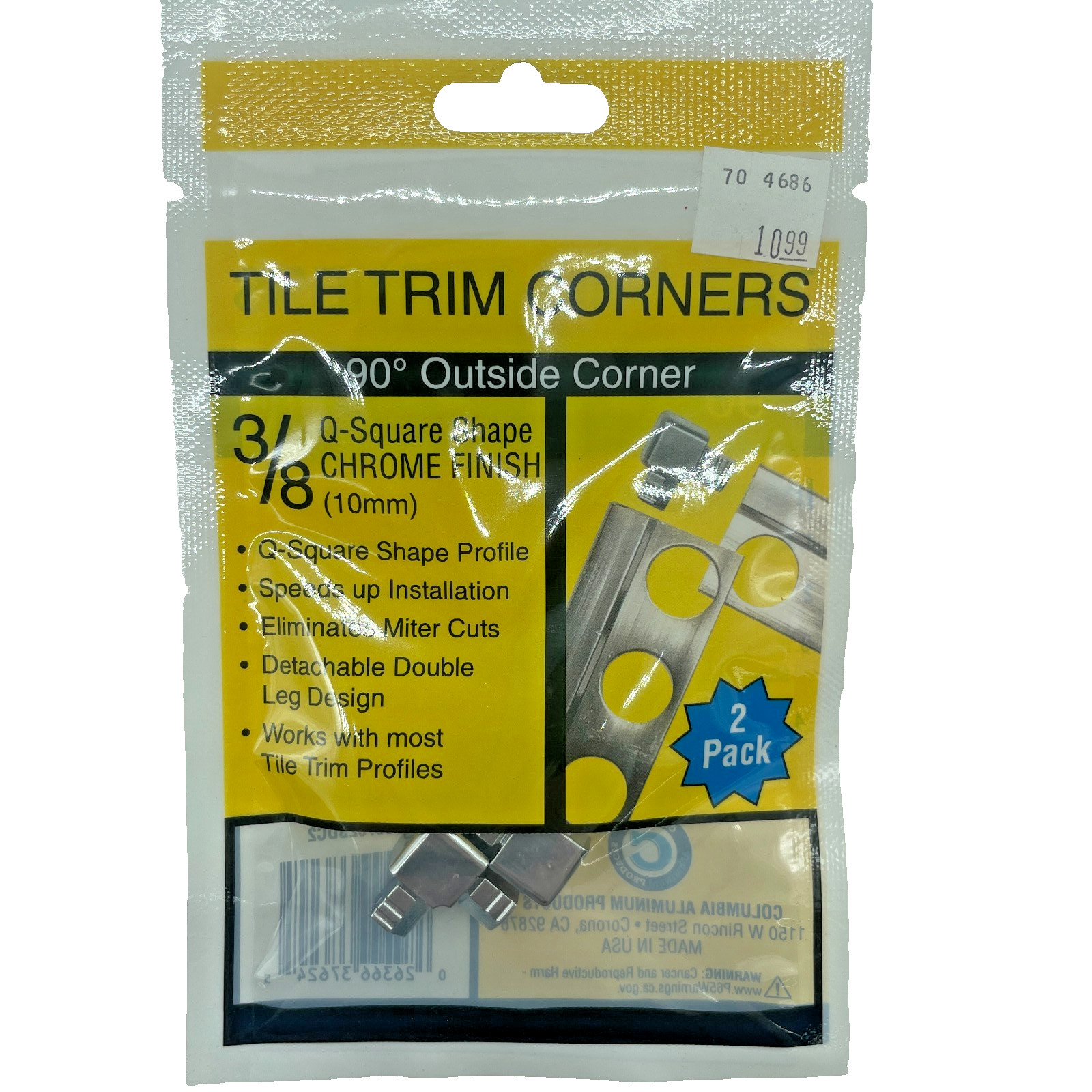 Tile Trim Corner 90° Outside Corner 3/8″ Q-Square Shape Chrome Finish lot of 11
