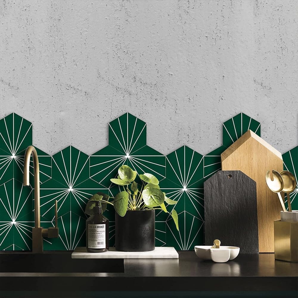 AULIGET Flower Vintage Hexagon Tile Peel and Stick Backsplash 6″x7″ Self Adhe…