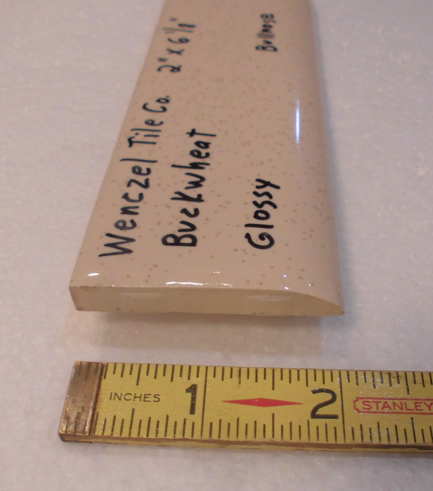 1 pc. Buckwheat – Oatmeal 2” X 6-1/8” Bullnose Ceramic Tile by Wenczel Co. NOS