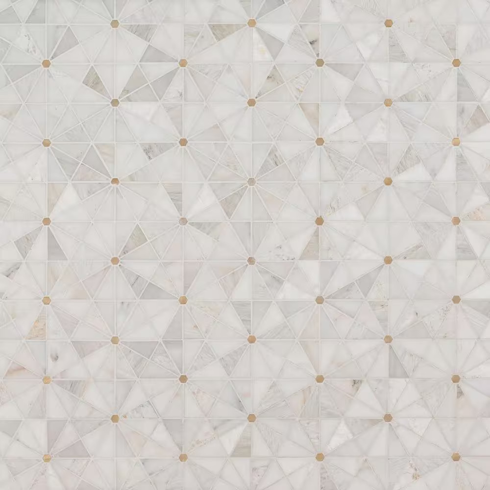Elegante White Pinwheel 11 In. X 12 In. Stone/Metal Mesh-Mounted Mosaic Floor an