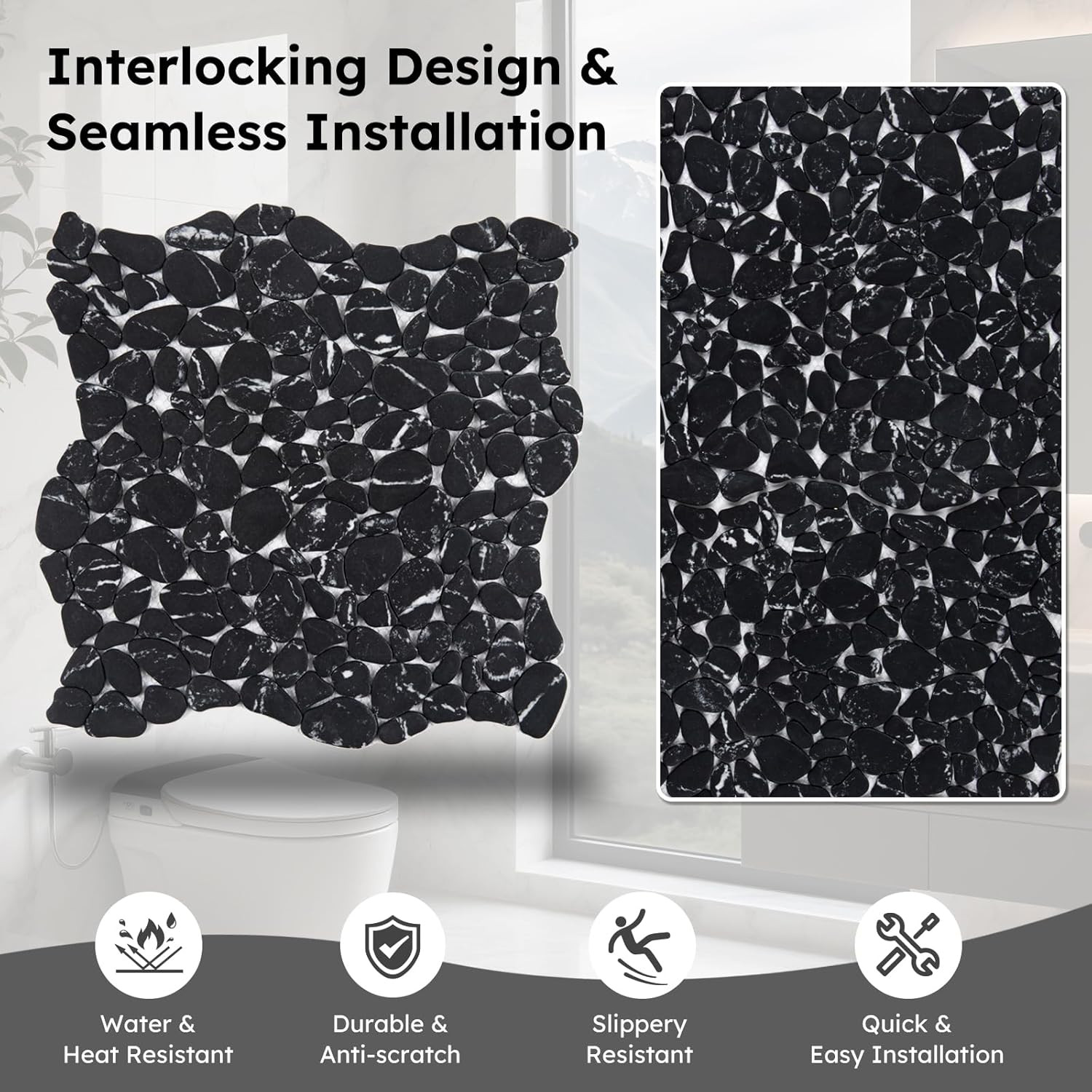 Elegant Black Marble Veins Pebble Tile for Shower & Bathroom Décor