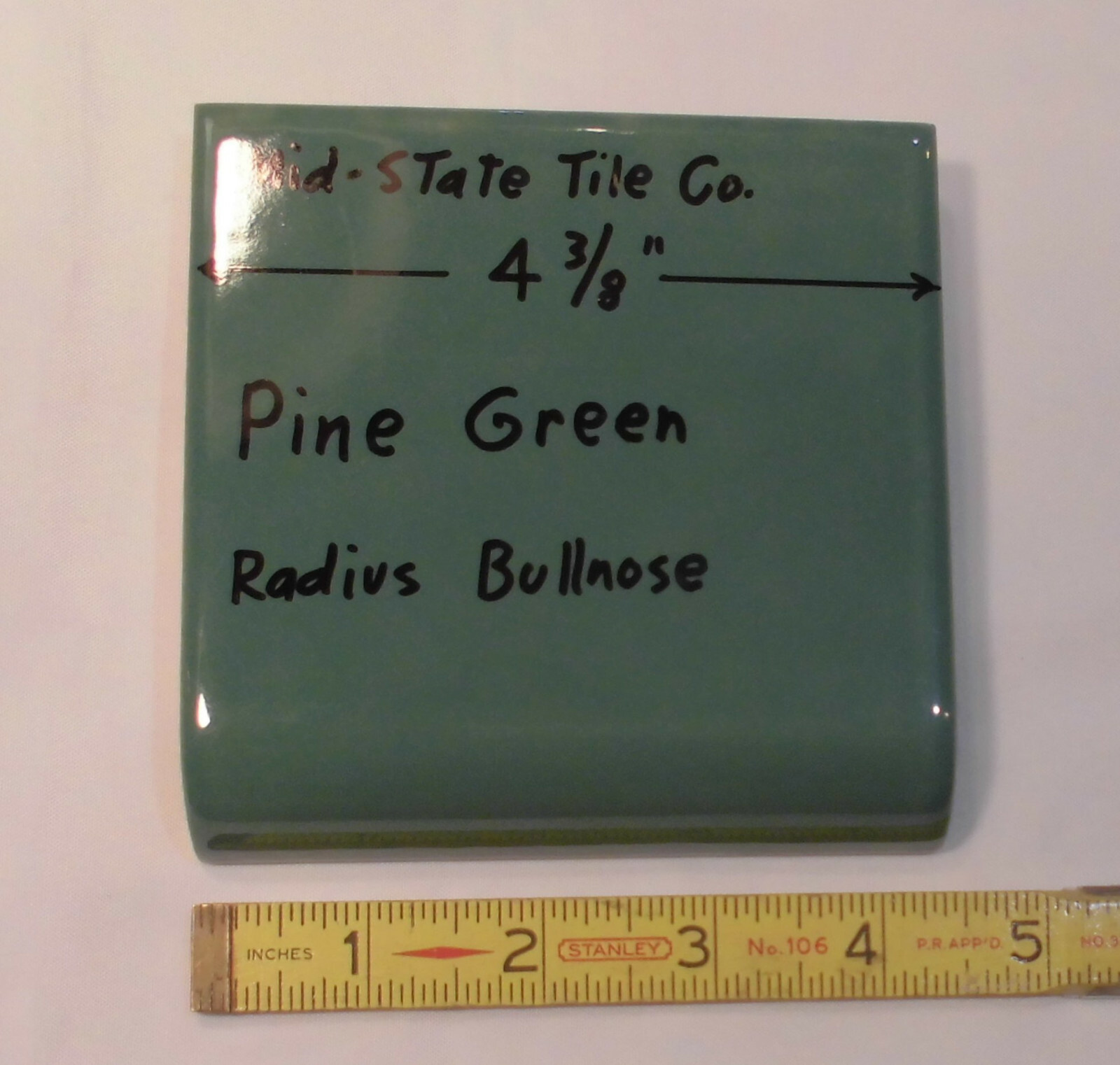 1: Pine Green Radius Bullnose Ceramic Tile 4-3/8″ by Mid-State: Glossy Mudd Cap