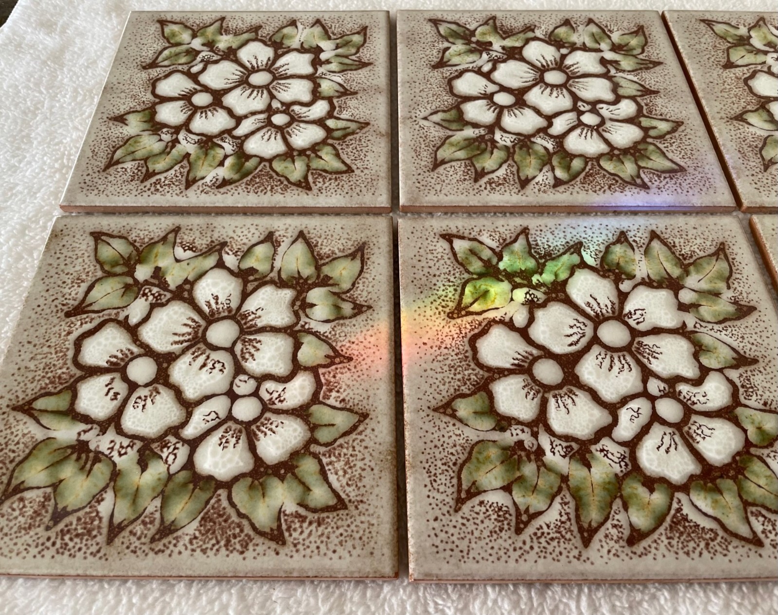 Six Vintage S. Marco Terra Cota or ceramic Decorative Wall Tiles, White Flowers