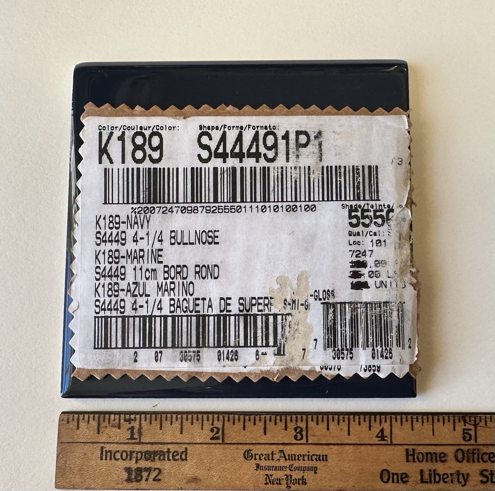 1 pc. Kohler Navy Blue: 4-1/4″ Glossy Ceramic Cove-Base Tile, Flat-Top, NEW