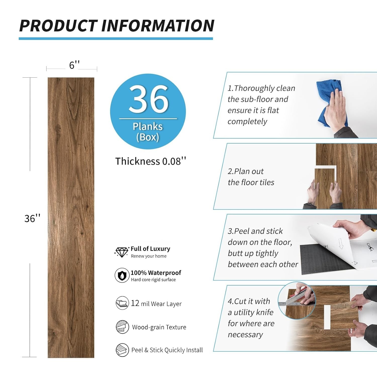 36-Pack 54 Sq.ft Peel and Stick Floor Tiles Vinyl Plank Flooring Wood Look, A…