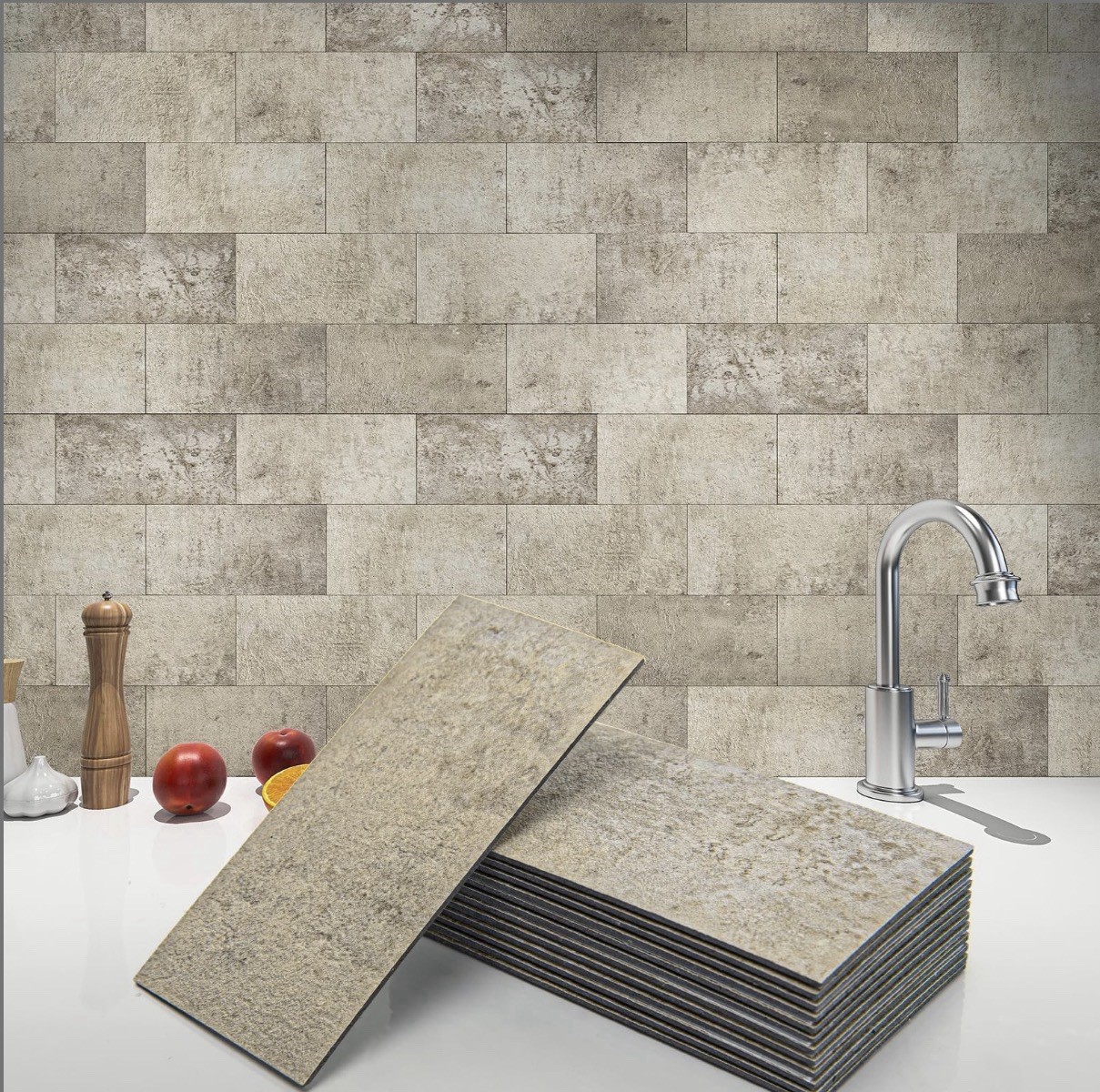 Art3d Peel-and-Stick Subway Backsplash Tile Beige Gray Kitchen