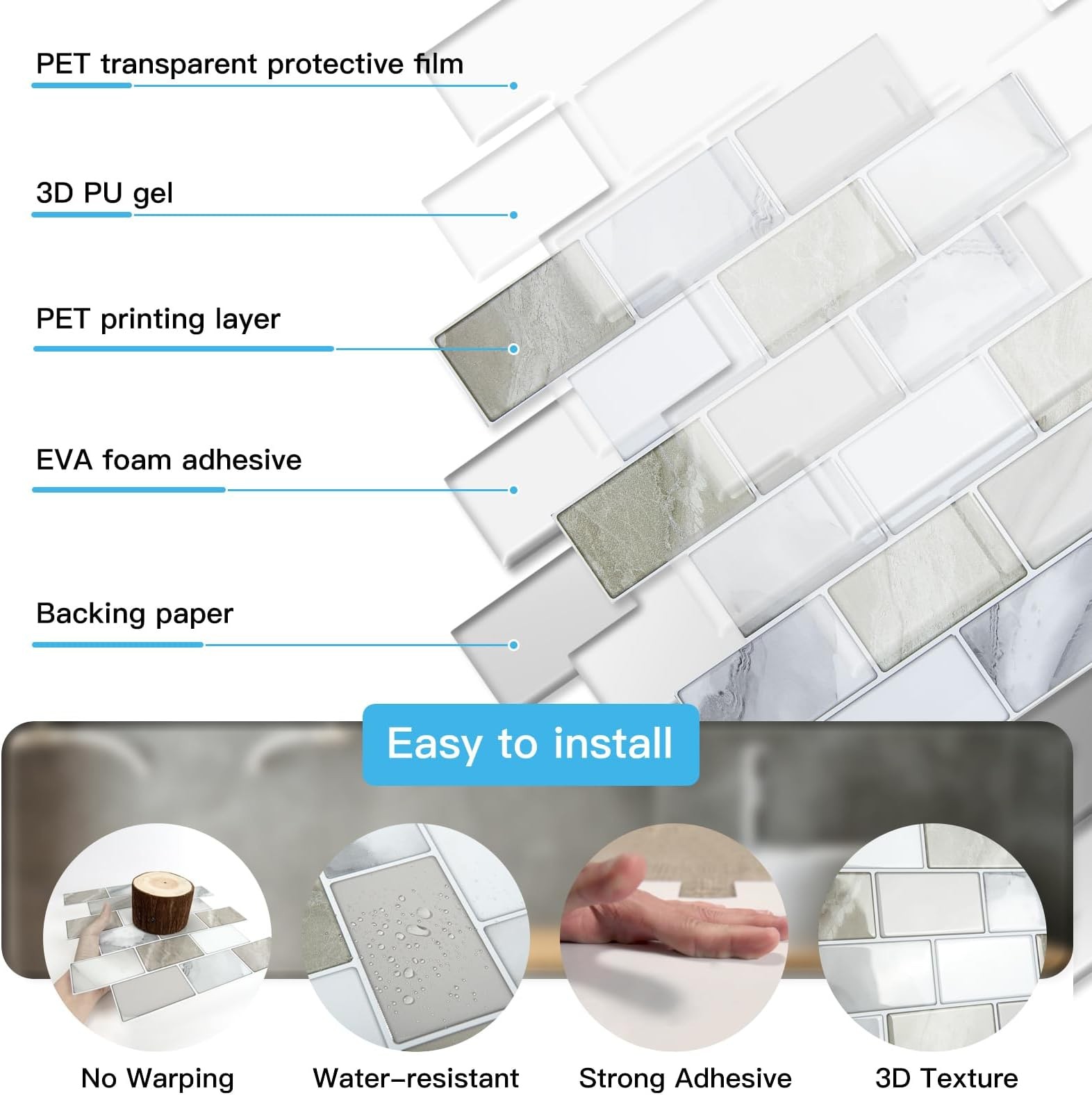 Art3d Peel and Stick Beige & White Wall Tiles – 12″x12″ Thickened Design Back…