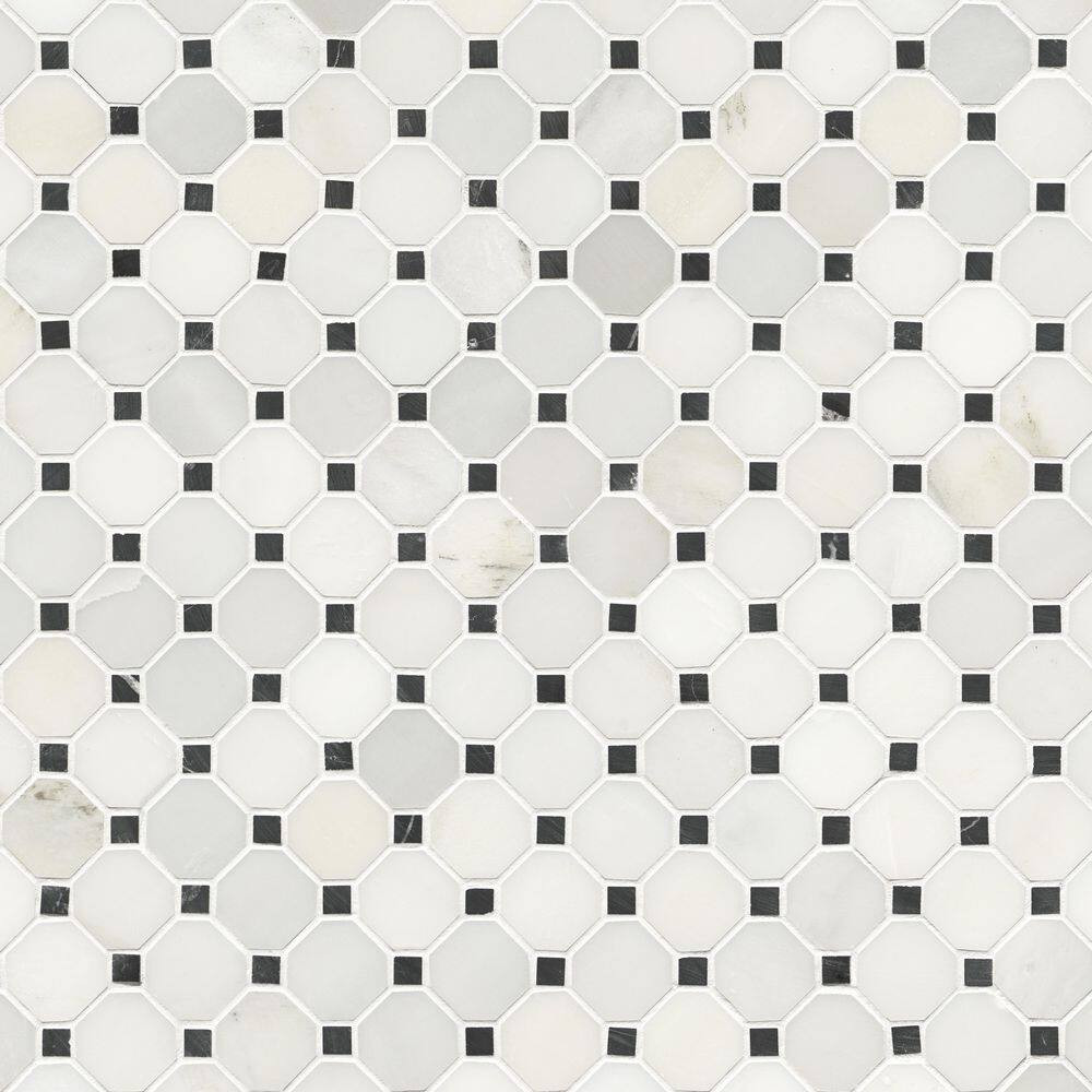 Greecian White 12X12X0.38 In. Honed Marble Octagon Mosaic White Marble and Black
