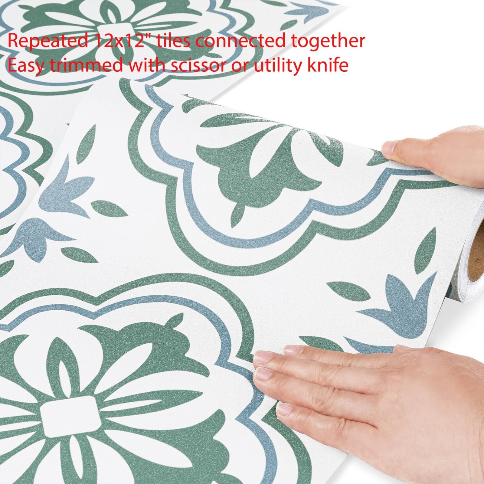 Waterproof Peel and Stick Floor Tiles – Sage Green & Blue Boho Floral Design, PV