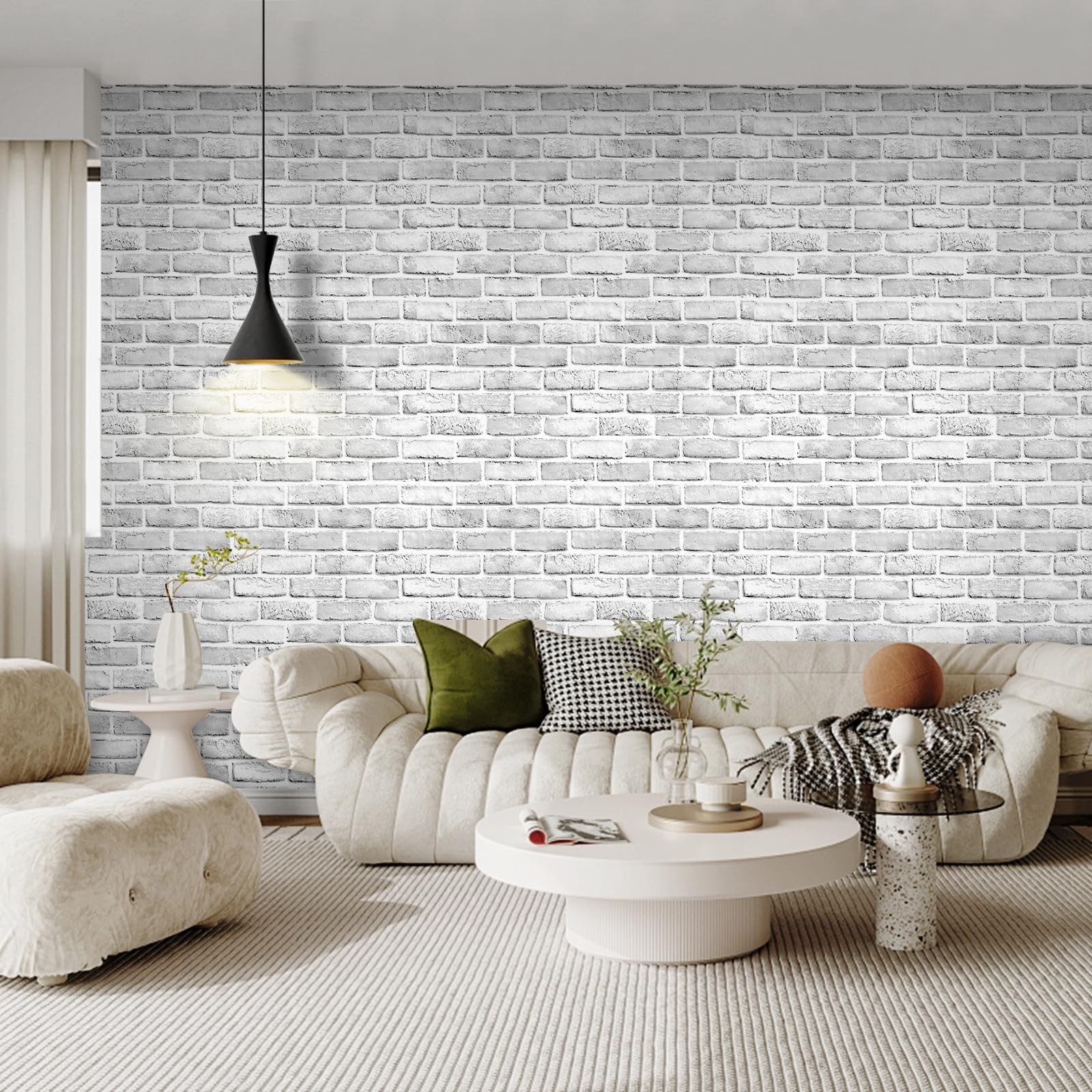 Shackcom Gray-White Brick Wallpaper 2 Rolls 17.5″ x 393″ Self-Adhesive Peel a…