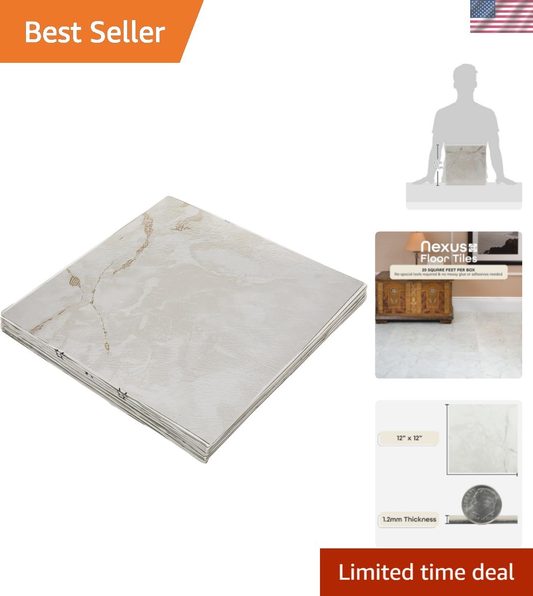 Luxury 12-Inch Marble Look Vinyl Tiles – Classic White with Grey Veins, 20 Pack