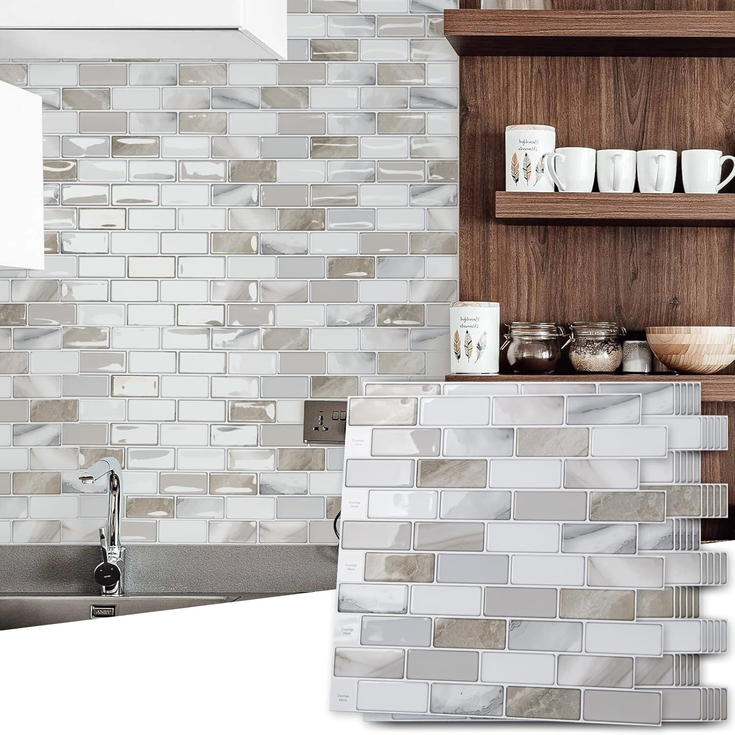 Beige & White 10-Sheet Peel & Stick Backsplash Tile, Modern, Waterproof