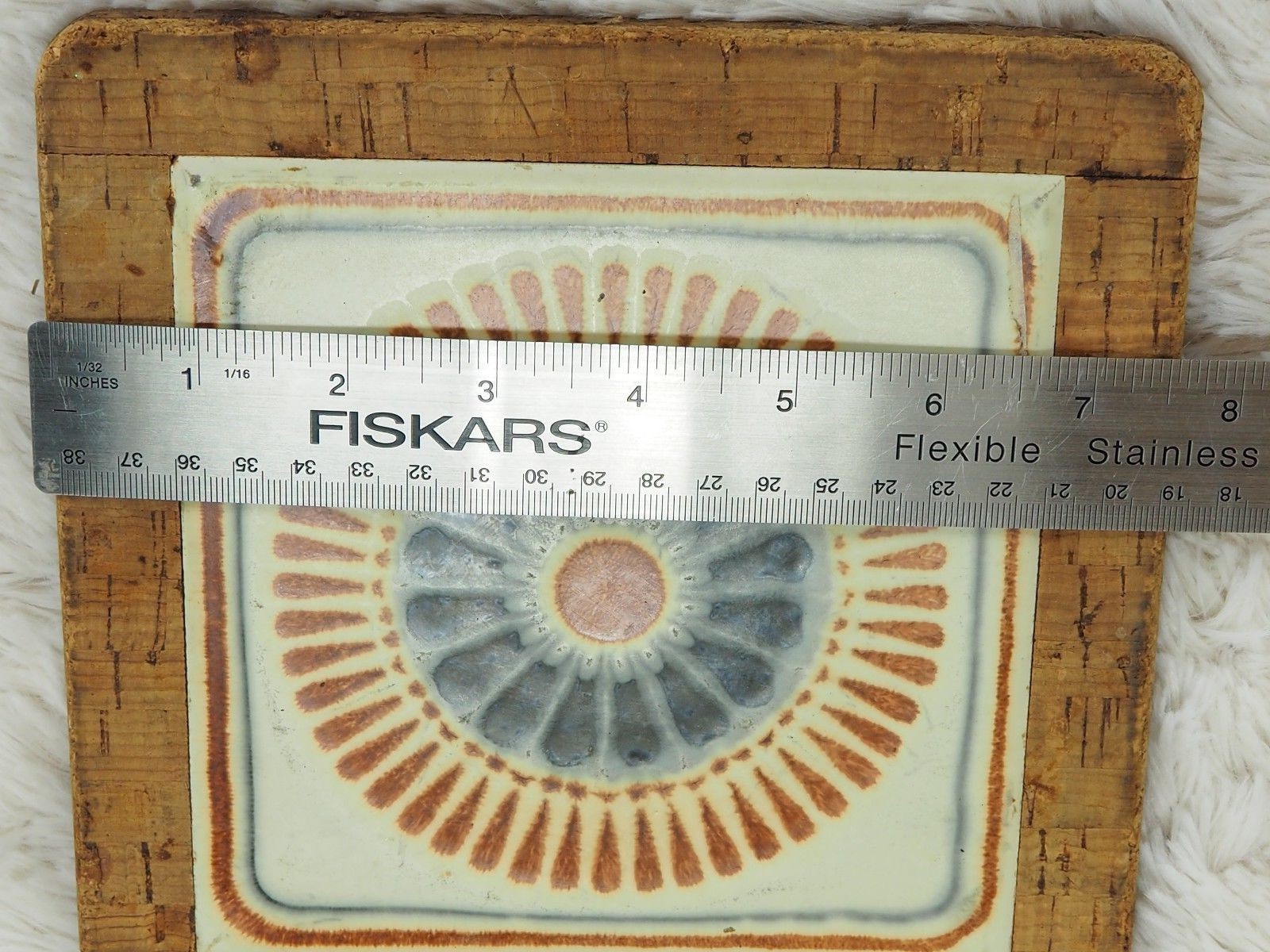 Vintage Cork Backed Ceramic Mandala Art Tile Trivet Orange Blue 7.5″ Square PAIR