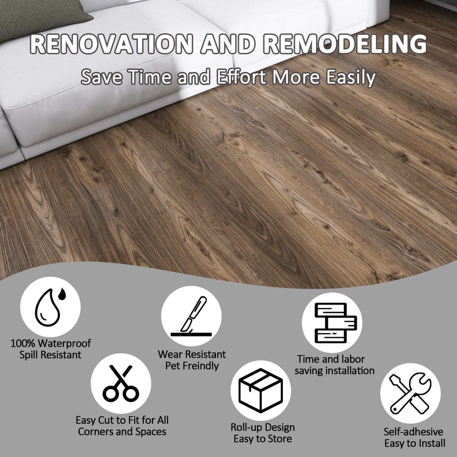 Wood Look Vinyl Flooring Roll,11.8″X197″,Peel & Stick Floor Tile