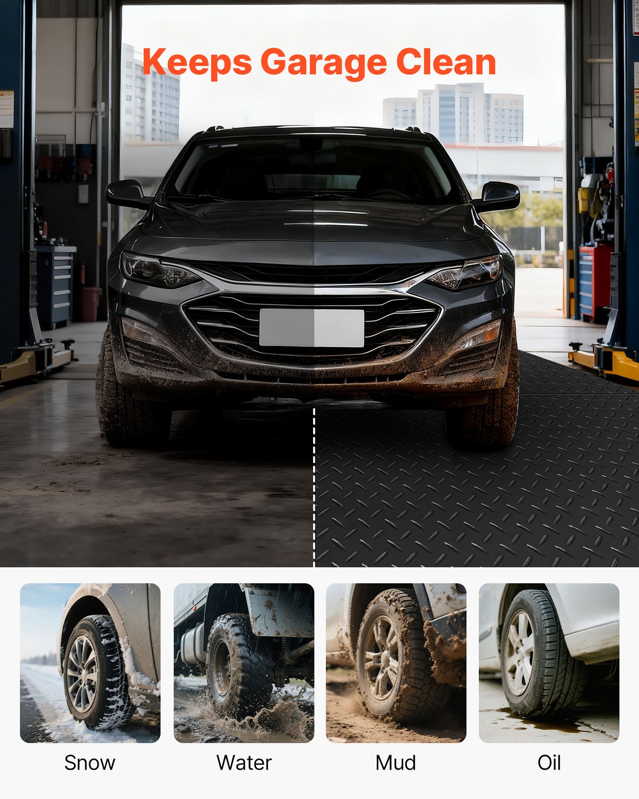 VEVOR Garage Floor Roll 4×25 ft Rubber Diamond Mat Waterproof Non-Slip Black