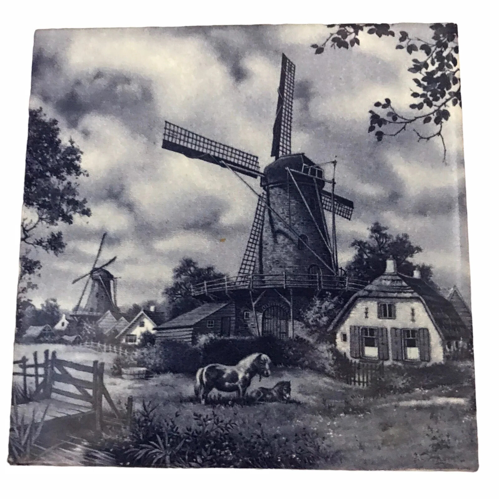 Vintage Delft Blue 4×4 Wall Tiles Pair Windmill Netherlands Replacement