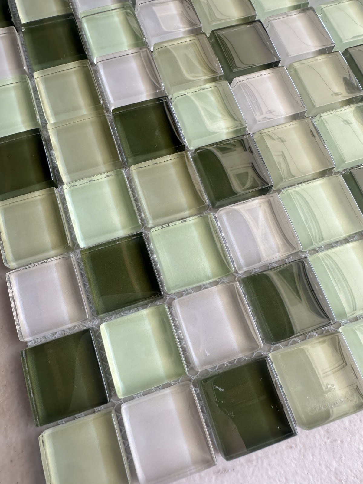 Light green Mix Glossy Glass Mosaic 1″x1″ Stacked Mesh Mounted