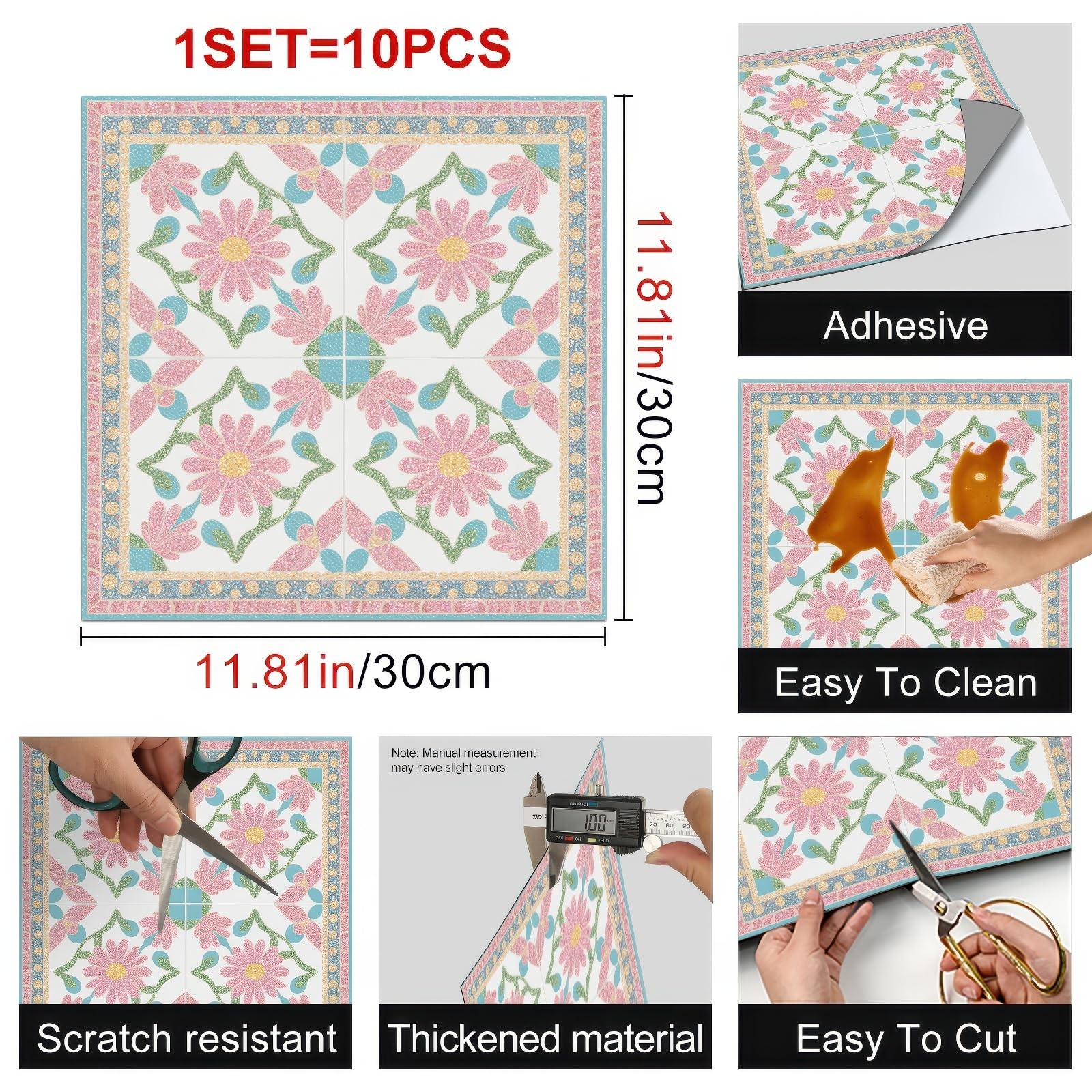10PCS 12×12 Inch Pink and Blue Floral Design Floor Tiles Peel and Stick Remov…