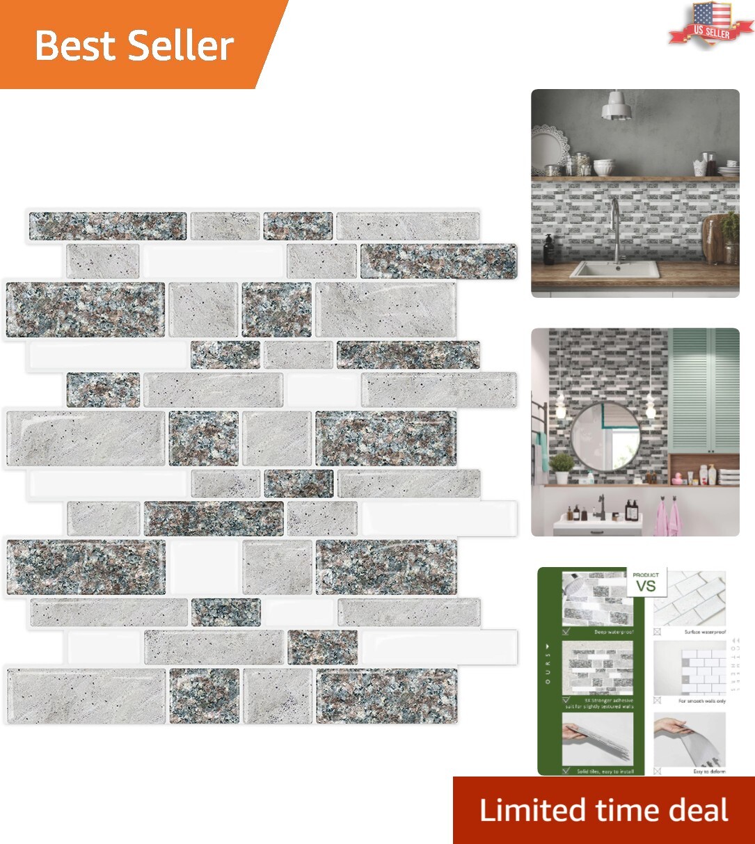 Thicker Grey Granite Backsplash Tiles – Waterproof Self-Adhesive Design