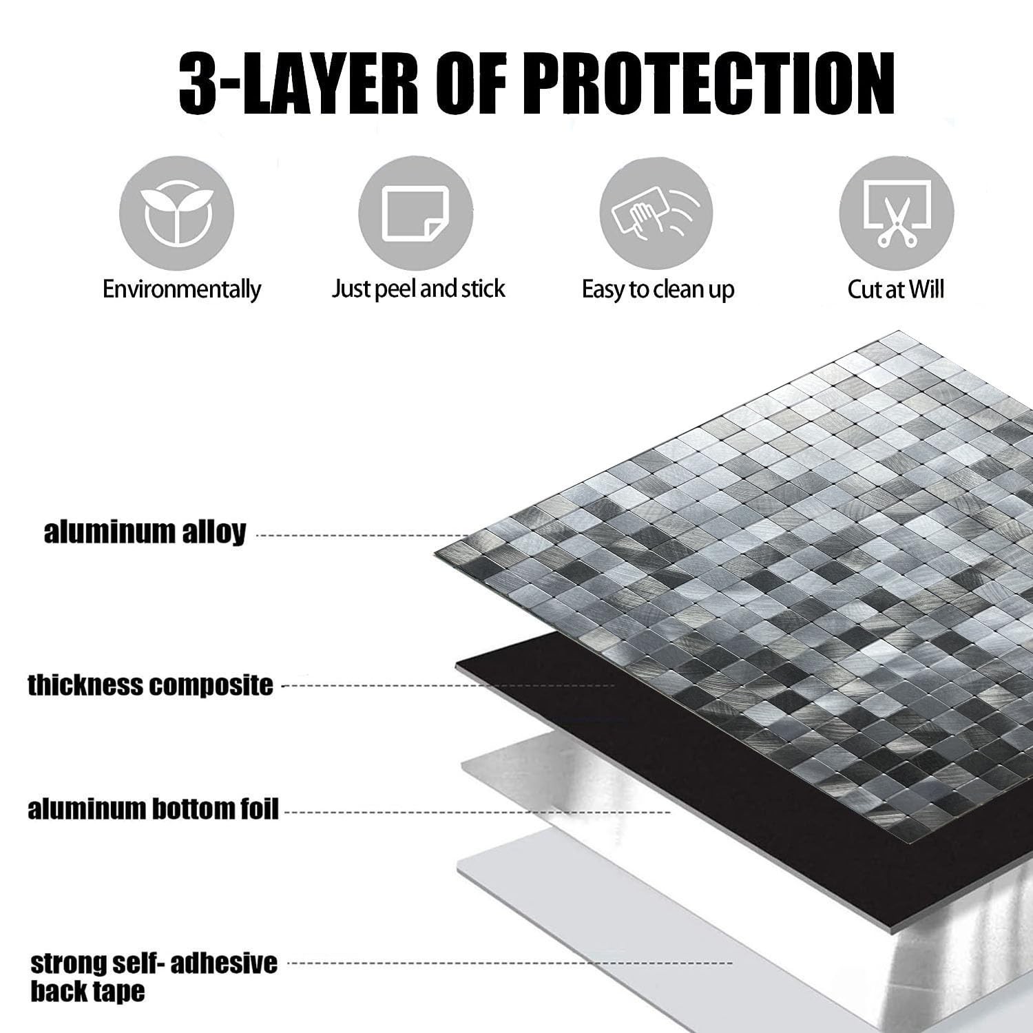 XUANINY 10-Sheet Peel and Stick Backsplash Tiles Black Surface Aluminum Mosai…