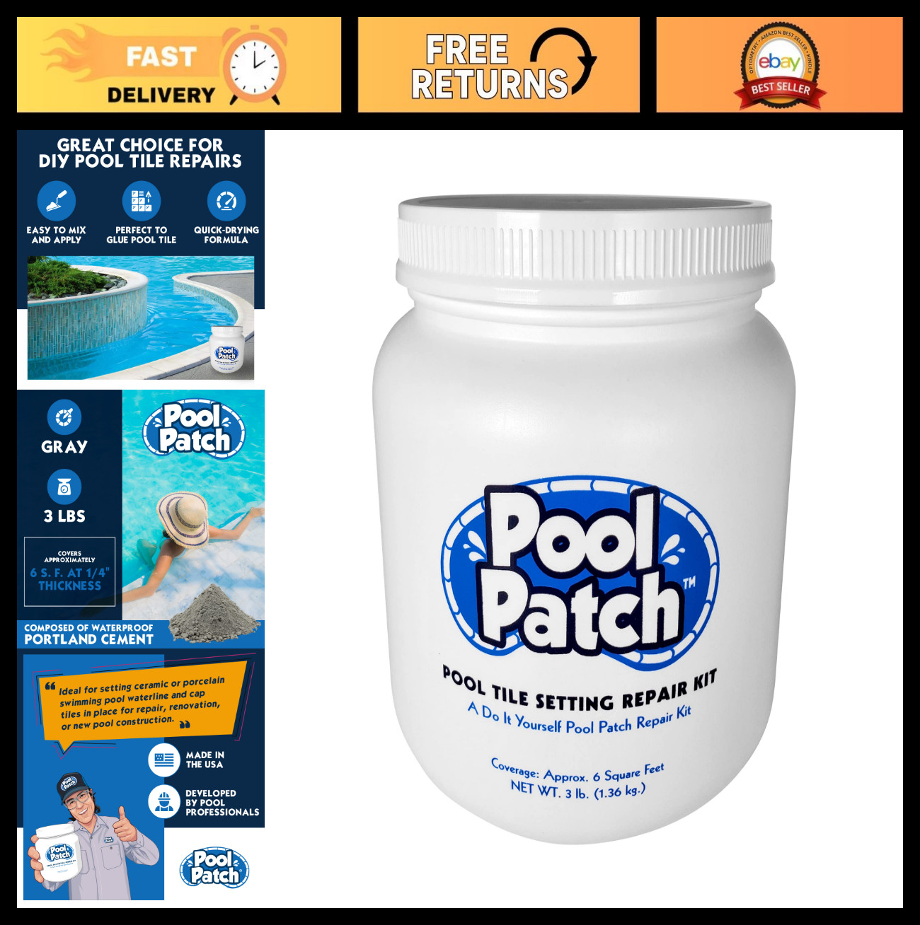 Gray Pool Tile Adhesive Repair Kit 3 lb – Easy Mix Quick-Dry Thinset Formula – S