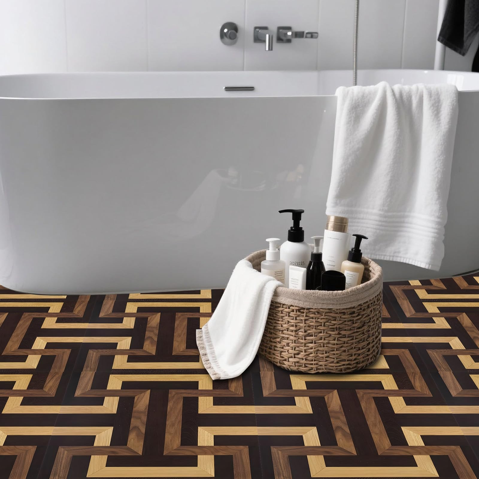 Wood Parquet Pattern Vinyl Floor Coverings 10 Pcs 12×12 Inches – Peel and Sti…
