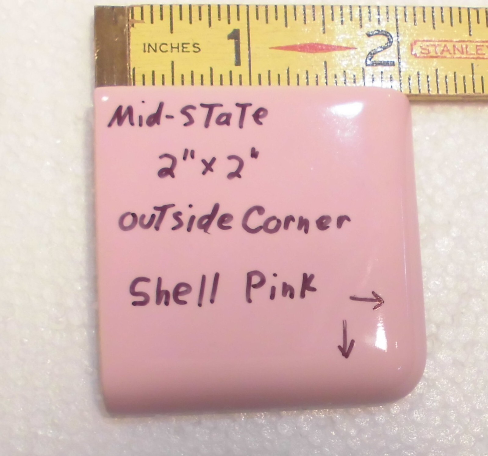 1 pc. Shell Pink: 2″ X 2″ X 5/16″ Glossy Ceramic Surface Bullnose Corner Tile